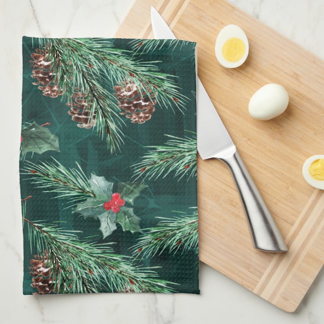 Watercolor Christmas spruce with cones Kitchen Towel (Quarter Fold)
