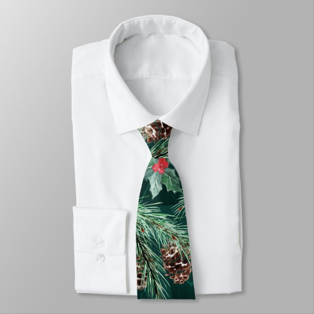 Watercolor Christmas spruce with cones Neck Tie (Tied)