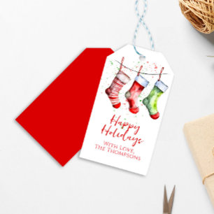Watercolor Christmas Stocking Happy Holidays Gift Tags