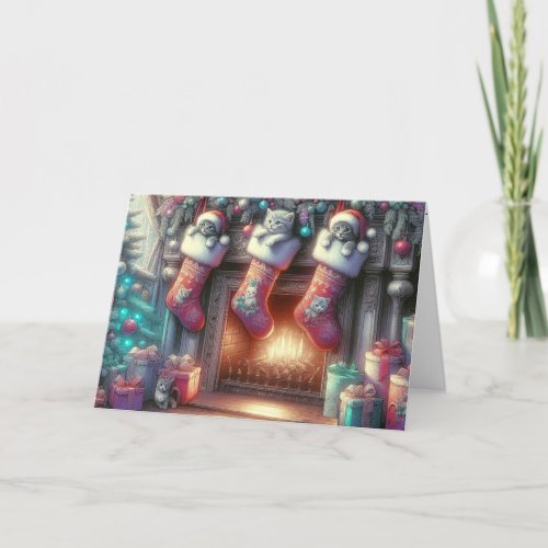 Watercolor Christmas Stocking With Kittens Holiday Card