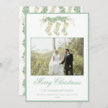 Watercolor Christmas Stockings Green Vintage Photo Holiday Card<br><div class="desc">Watercolor Christmas Stockings Green Vintage Photo Holiday Card. This beautiful Christmas Photo Card features watercolor Christmas garland with white bows as a frame for one photo. Back of invitation is Christmas Stockings with Christmas garland and bows. It is perfect if you are looking for classic, southern, grandmillenial Christmas photo card....</div>