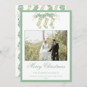 Watercolor Christmas Stockings Green Vintage Photo Holiday Card