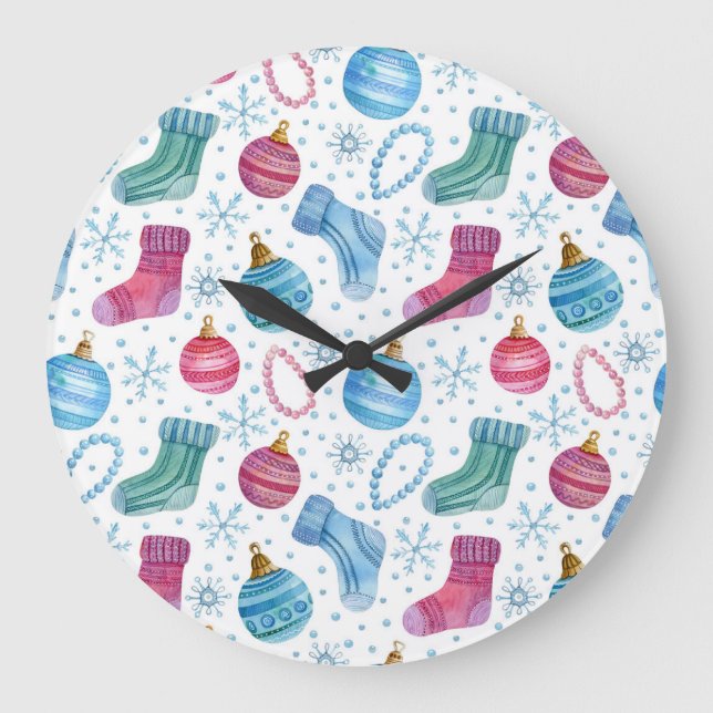 Watercolor Christmas Stockings Hand-Drawn Pattern Large Clock (Front)
