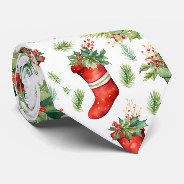 Watercolor Christmas Stockings Neck Tie (Rolled)