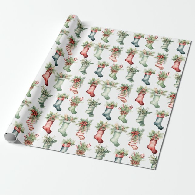 Watercolor Christmas Stockings Wrapping Paper (Unrolled)