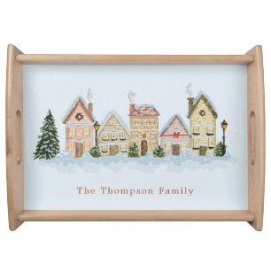 Watercolor Christmas Street And Custom Family Name Serving Tray