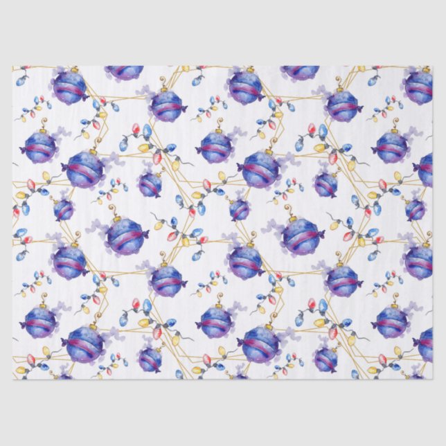 Watercolor Christmas String Lights Gold Geometrics Tissue Paper (Front)