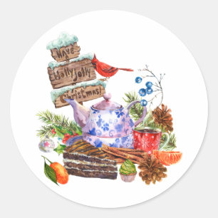 Watercolor Christmas Tea and Cake Time   Classic Round Sticker