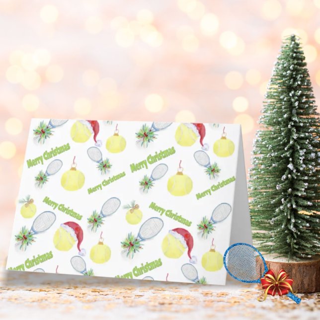 Watercolor Christmas Tennis Racket And Balls Holiday Card (Creator Uploaded)