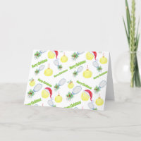 Watercolor Christmas Tennis Racket And Balls Holiday Card