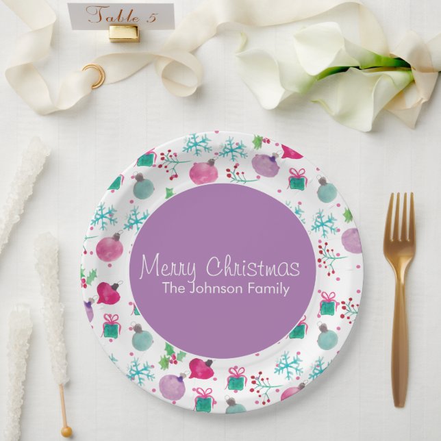 Watercolor Christmas Themed Hand Painted Pattern Paper Plates (Wedding)