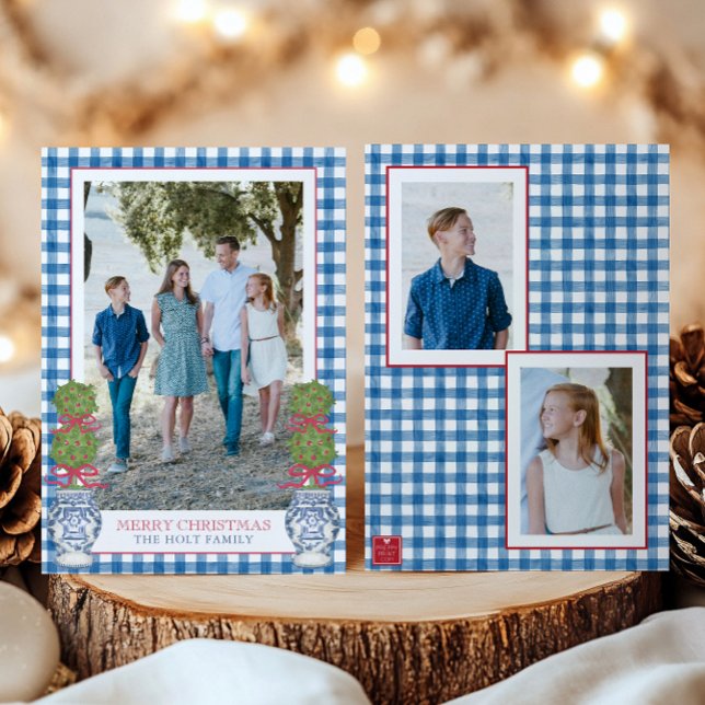 Watercolor Christmas Topiary Gingham Photo Holiday Card (Creator Uploaded)