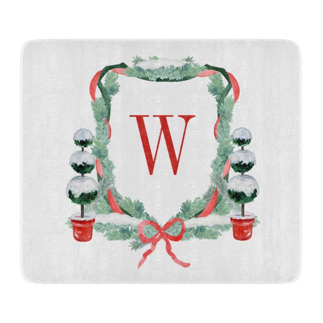 Watercolor Christmas Topiary Monogram Crest Cutting Board (Front)