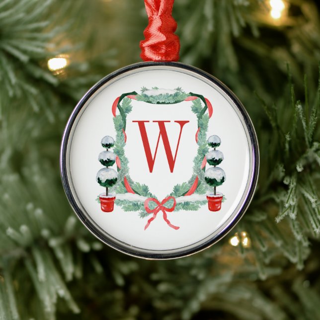 Watercolor Christmas Topiary Monogram Crest Metal Ornament (Tree)