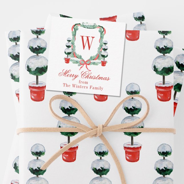 Watercolor Christmas Topiary Monogram Crest Note Card (Creator Uploaded)