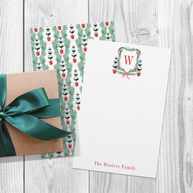 Watercolor Christmas Topiary Monogram Crest Stationery (Creator Uploaded)