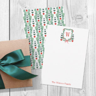 Watercolor Christmas Topiary Monogram Crest Thank You Card