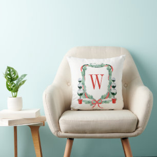 Watercolor Christmas Topiary Monogram Crest Throw Pillow