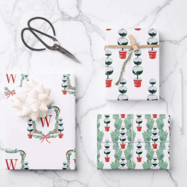 Watercolor Christmas Topiary Monogram Crest Wrapping Paper Sheets (Front)