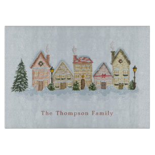 Watercolor Christmas Town Personalized Family Name Cutting Board