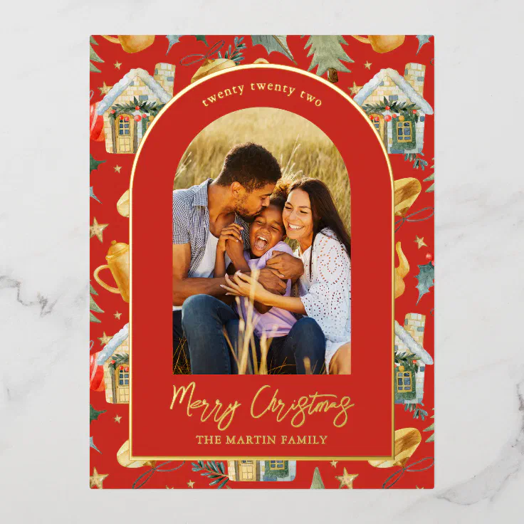 Watercolor Christmas Town Photo Red Foil Holiday Postcard