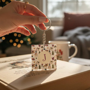 Watercolor Christmas Toys Monogram inital Keychain