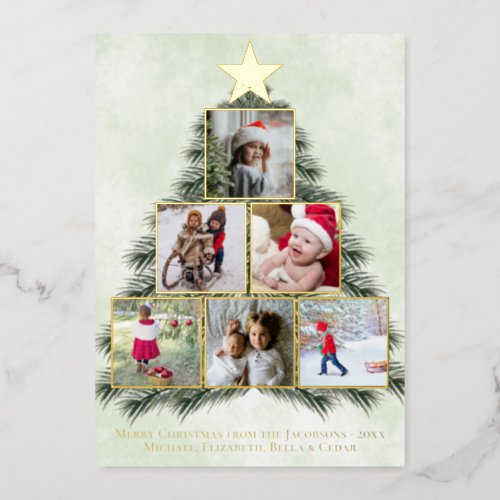 Watercolor Christmas Tree 6 Photo Collage Festive Foil Holiday Card