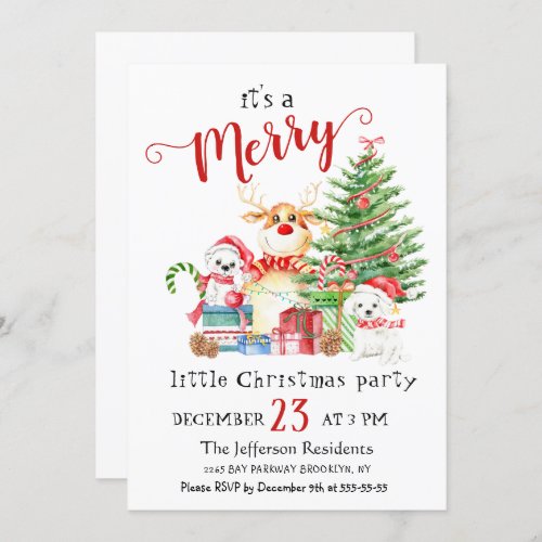Watercolor Christmas Tree and Animals Little Party Invitation