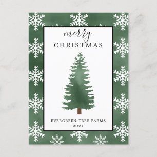 Watercolor Christmas Tree and Snowflakes Merry Ho Holiday Postcard