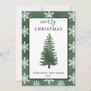 Watercolor Christmas Tree and Snowflakes Merry Holiday Card