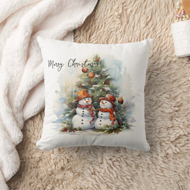 Watercolor Christmas Tree and Snowmen  Throw Pillow (Blanket)