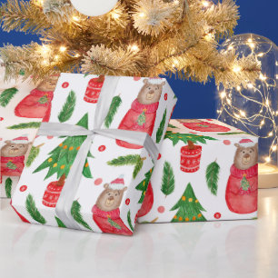 Watercolor Christmas Tree and Teddy Bear Wrapping Paper