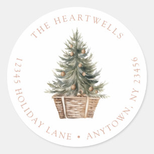 Watercolor Christmas Tree Basket Return Address Classic Round Sticker
