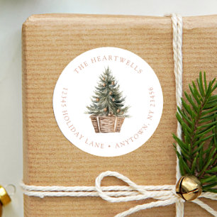 Watercolor Christmas Tree Basket Return Address Classic Round Sticker