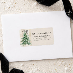 Watercolor Christmas Tree Black Bow Gingham Label