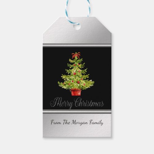 Watercolor Christmas TreeBlack Silver Gift Tags