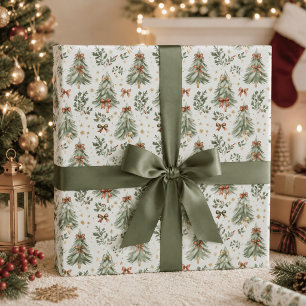 Watercolor Christmas Tree & Bow Wrapping Paper