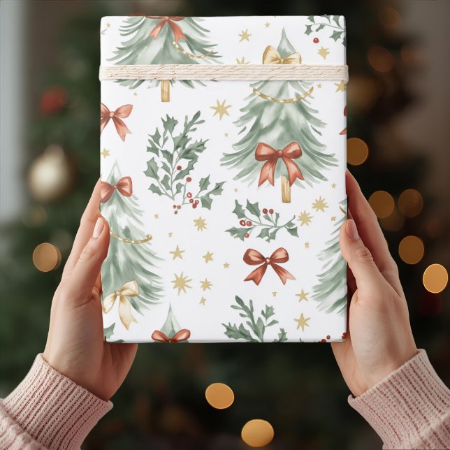 Watercolor Christmas Tree & Bow Wrapping Paper (Creator Uploaded)