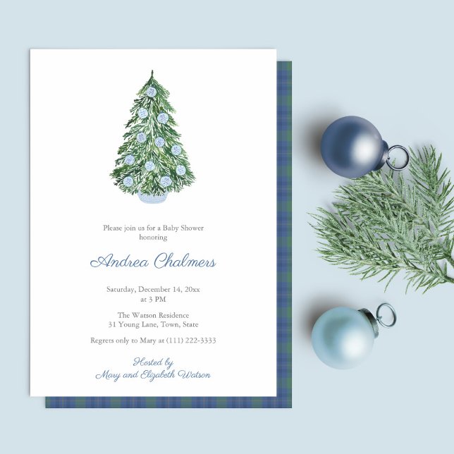 Watercolor Christmas Tree Boy Baby Shower Party Invitation (Elegant Watercolor blue and white decorated Christmas Holidays Tree Baby Shower Party Invitation)