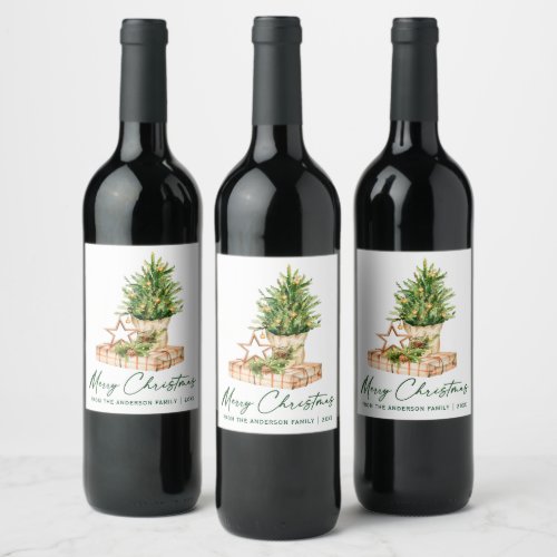 Watercolor Christmas Tree Calligraphy Ink Script Wine Label