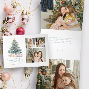 Watercolor Christmas Tree Calligraphy Three Photos Tri-Fold Holiday Card
