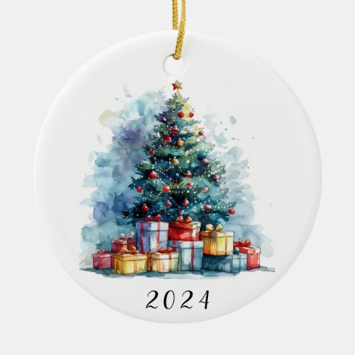 Watercolor Christmas Tree Ceramic Ornament