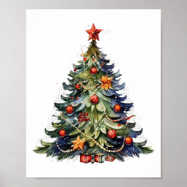 Watercolor Christmas Tree, Christmas Gifts Poster (Front)