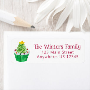Watercolor Christmas Tree Cupcake Return Address Label