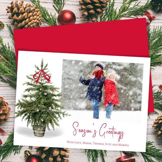 Watercolor Christmas Tree Custom Photo  Holiday Card (Season's Greetings watercolor Christmas tree photo card.)