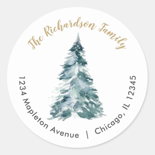 Watercolor Christmas tree elegant return address Classic Round Sticker