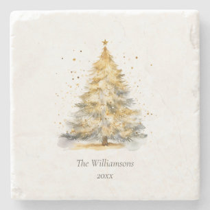 Watercolor Christmas Tree Family Name Keepsake Stone Coaster