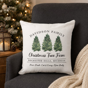 Watercolor Christmas Tree Farm Family Name Throw Pillow