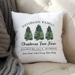 Watercolor Christmas Tree Farm Family Name Throw Pillow<br><div class="desc">A rustic watercolor Christmas tree farm throw pillow featuring three beautiful hand-painted evergreen trees with a customizable family name, city, and state. The vintage sign-inspired layout with "Farm Fresh, Cut & Carry, Open Daily" script captures the charm of a country Christmas tree lot. Personalize all text fields to create a...</div>