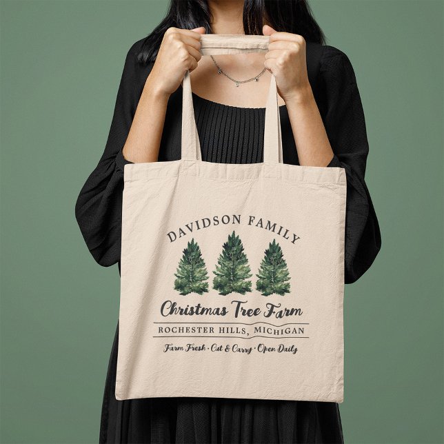 Watercolor Christmas Tree Farm Family Name Tote Bag (Creator Uploaded)